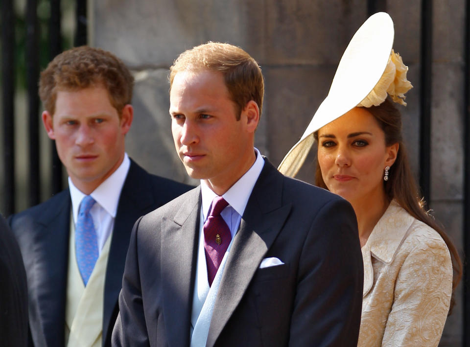 EDINBURGH, SCOTLAND - JULY 30: Prince Harry, Prince William, Duke of Cambridge and Catherine, Duchess of Cambridge depart after the Royal wedding of Zara Phillips and Mike Tindall at Canongate Kirk on July 30, 2011 in Edinburgh, Scotland. The Queen's granddaughter Zara Phillips will marry England rugby player Mike Tindall today at Canongate Kirk. Many royals are expected to attend including the Duke and Duchess of Cambridge. (Photo by Jeff J Mitchell/Getty Images)