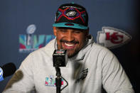 Philadelphia Eagles quarterback Jalen Hurts speaks during an NFL football Super Bowl team availability, Tuesday, Feb. 7, 2023, in Phoenix. The Eagles will face the Kansas City Chiefs in Super Bowl 57 Sunday. (AP Photo/Matt York)