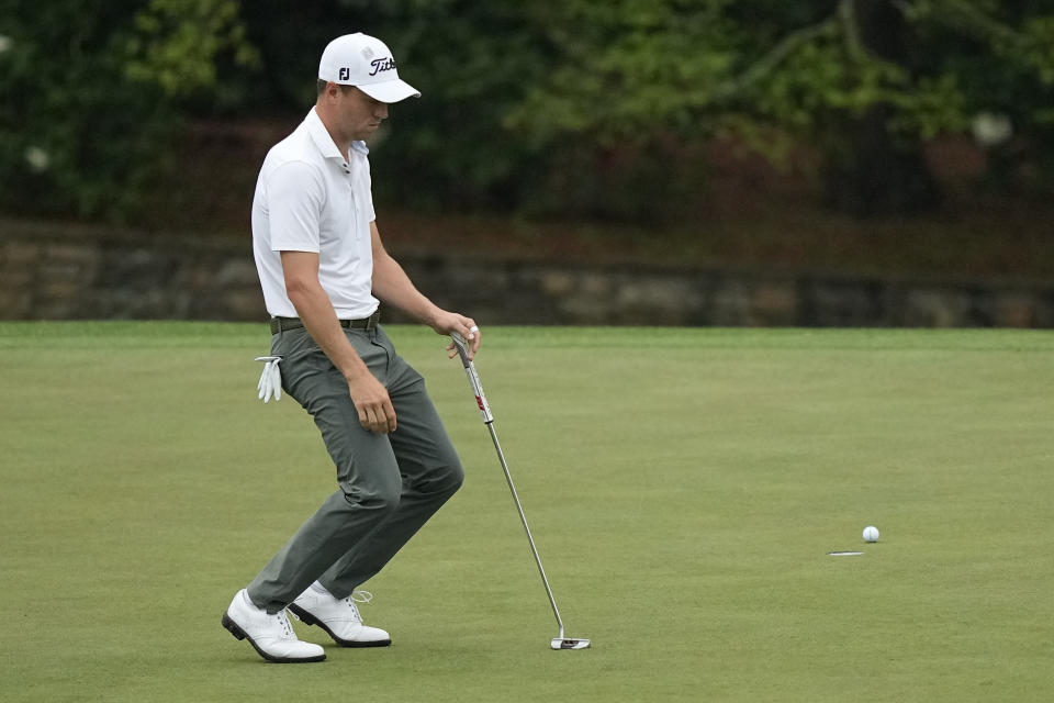 Justin Thomas reacts to his missed par putt on the 11th hole during the third round of the Masters golf tournament on Saturday, April 10, 2021, in Augusta, Ga. (AP Photo/David J. Phillip)