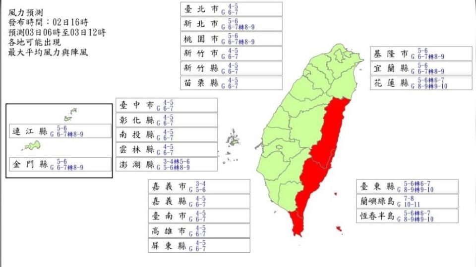 東部五地區最大陣風可達10級。（圖／氣象局）