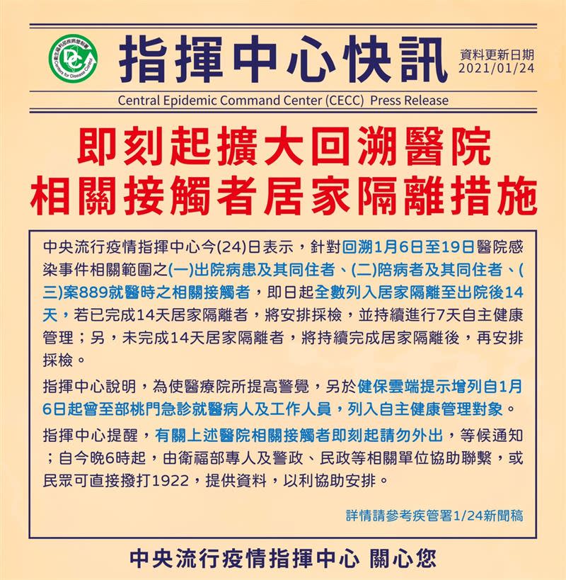  指揮中心宣布，部桃1月6日至19日的出院病患、同住者、陪病者，近5000人即刻居家隔離。（圖／疾管署提供）