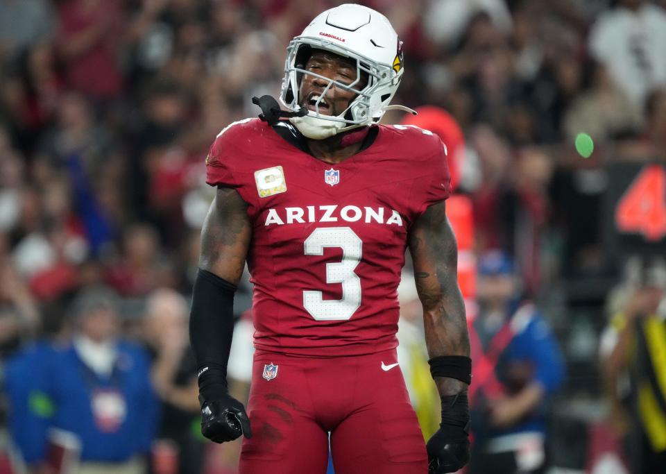 Arizona Cardinals safety Budda Baker (3) celebrates a defensive stop during their 25-23 win over the Atlanta Falcons at State Farm Stadium on Nov. 12, 2023, in Glendale.