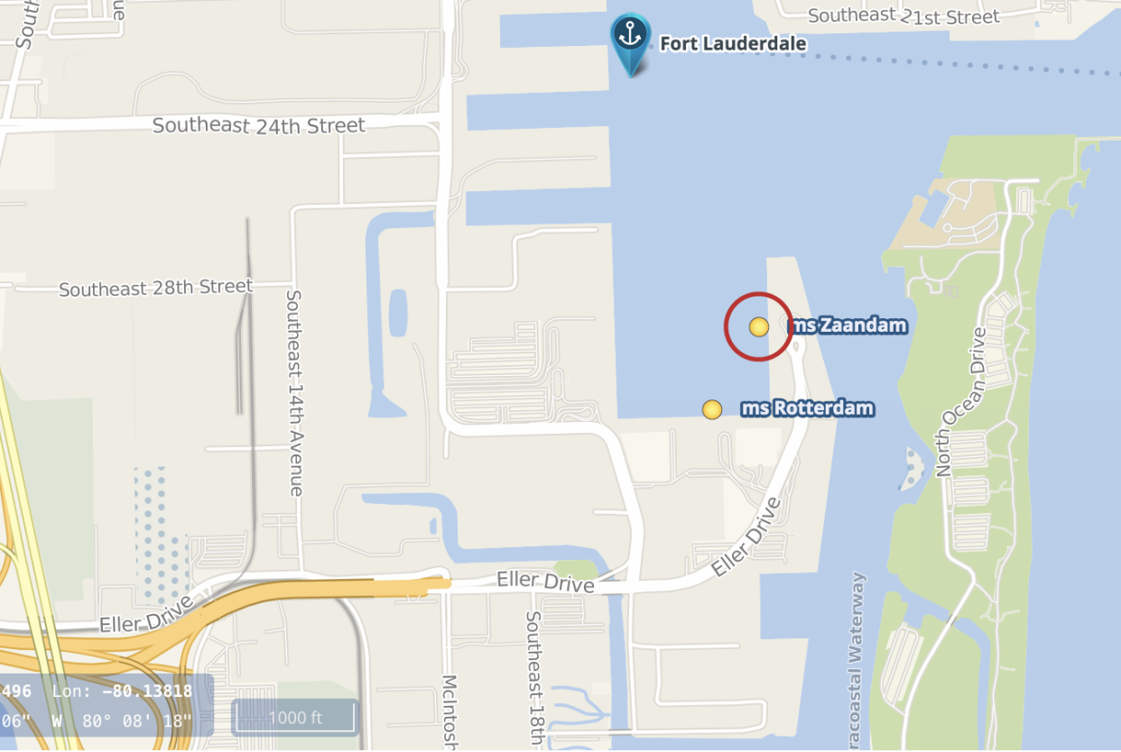 Home turf: Zaandam and her sister ship Rotterdam are now back in Fort Lauderdale, Florida: Cruise Mapper