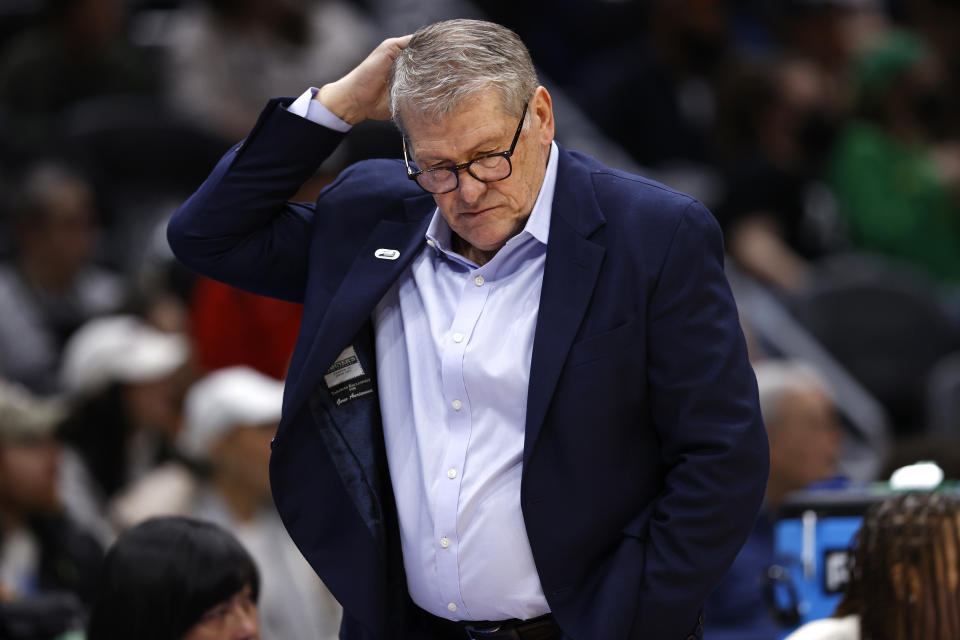 SEATTLE, WASHINGTON - MARCH 25: Head coach Geno Auriemma of the UConn Huskies reacts during the fourth quarter against the Ohio State Buckeyes in the Sweet 16 round of the NCAA Women's Basketball Tournament at Climate Pledge Arena on March 25, 2023 in Seattle, Washington. (Photo by Steph Chambers/Getty Images)