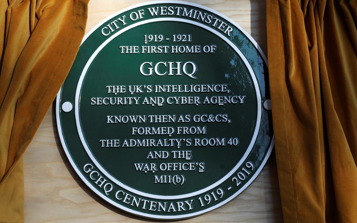 A plaque unveiled by the Queen at the former GCHQ headquarters in London - AFP