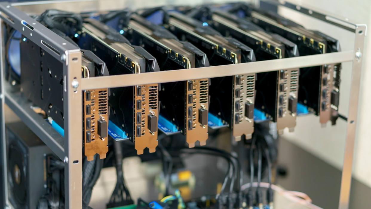 Close shot of a rig for crypto currency mining.