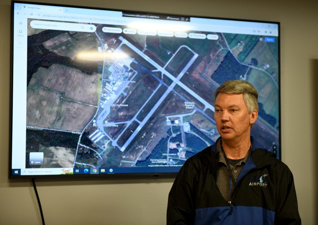 Tony Rudy, Salisbury Regional Airport director, answers questions during a mock press conference during the SBY Triennial Disaster Exercise Saturday, March 23, 2024, in Salisbury, Maryland.