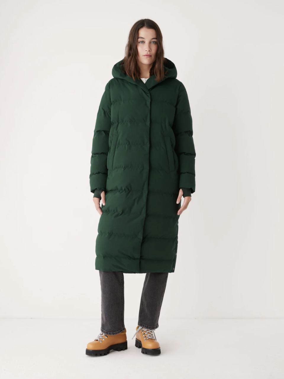 The Highland Long Puffer Coat in Forest Green (Photo via Frank & Oak)