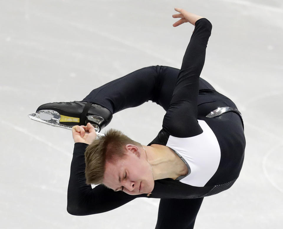 Russia's Mikhail Kolyada performs in the men's short program at the ISU European figure skating championships in Minsk, Belarus, Thursday, Jan. 24, 2019. (AP Photo/Sergei Grits)