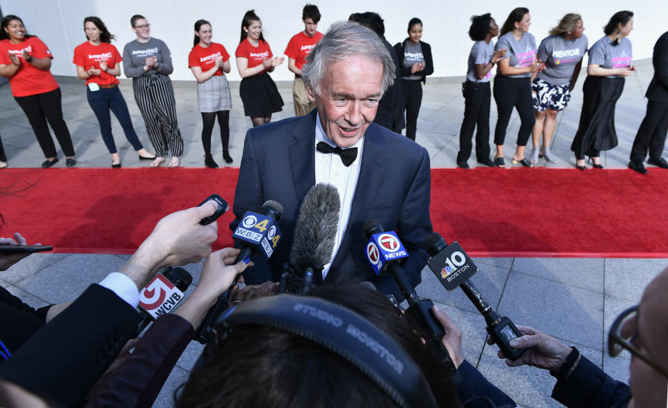 Sen. Ed Markey, D-Mass., speaks to reporters before a ceremony where, arrives for a ceremony where, Speaker of the House Nancy Pelosi, D-Calif., receives the 2019 John F. Kennedy Profile in Courage Award during ceremonies at the John F. Kennedy Presidential Library and Museum, Sunday, May 19, 2019, in Boston. (AP Photo/Josh Reynolds)