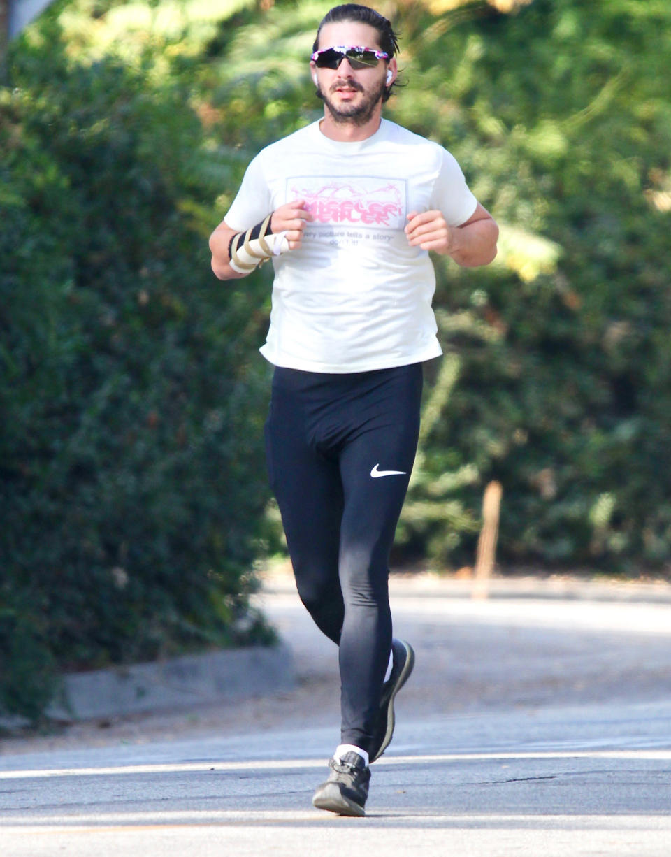 <p>Shia LaBeouf goes for a jog on Friday in L.A., wearing sunglasses, joggers and a t-shirt.</p>