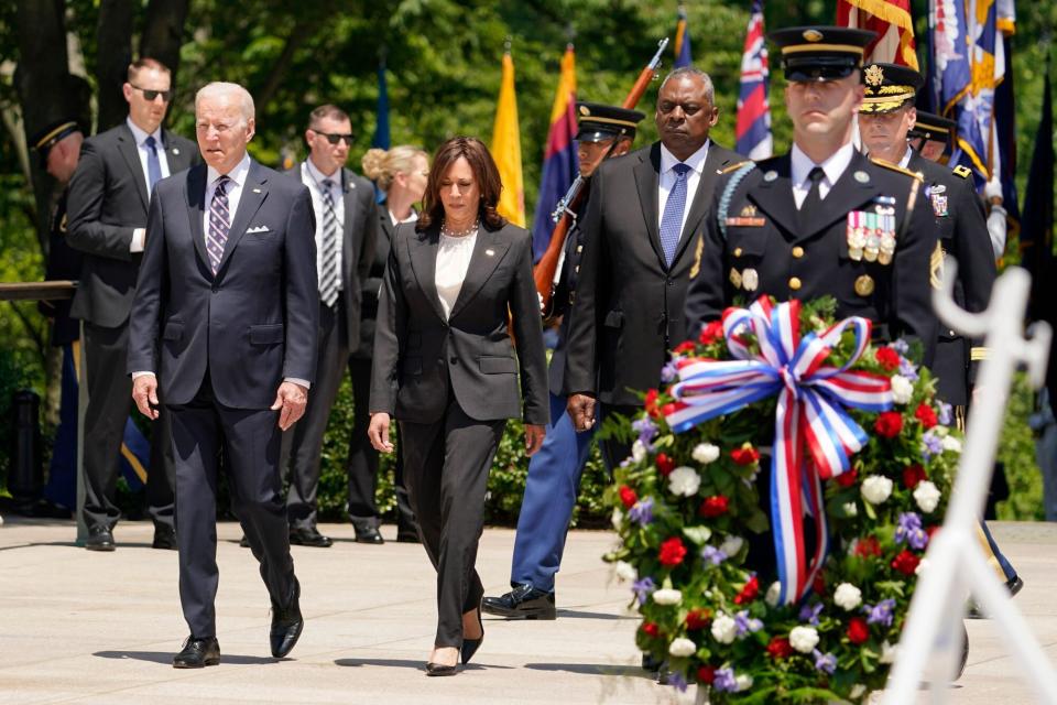 Mandatory Credit: Photo by Andrew Harnik/AP/Shutterstock (12963736x) President Joe Biden arrives with Vice President Kamala Harris and Defense Secretary Lloyd Austin to lay a wreath at The Tomb of the Unknown Soldier at Arlington National Cemetery on Memorial Day, in Arlington, Va Biden Memorial Day, Arlington, United States - 30 May 2022