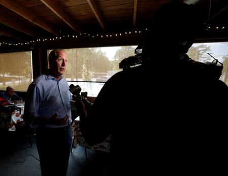 Dan Bishop, Republican candidate in the special election for North Carolina's 9th Congressional District, speaks to the media at an election day campaign stop, in Indian Trail, North Carolina