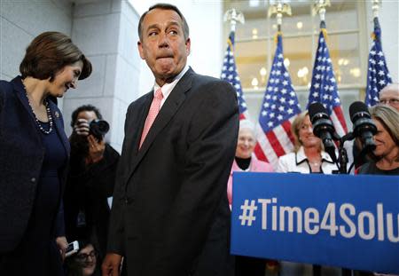 U.S. House Speaker John Boehner (R-OH) (2nd L) departs with fellow Republican House leaders and addresses reporters in Washington, October 10, 2013. REUTERS/Jonathan Ernst