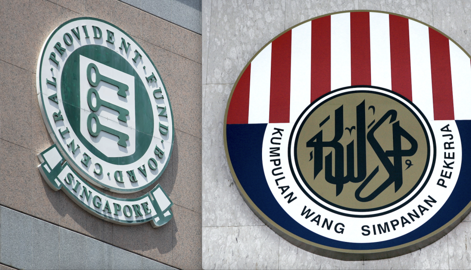 马来西亚 EPF 标志在建筑物上的合成图像，以及新加坡 CPF 标志在建筑物上的合成图像。