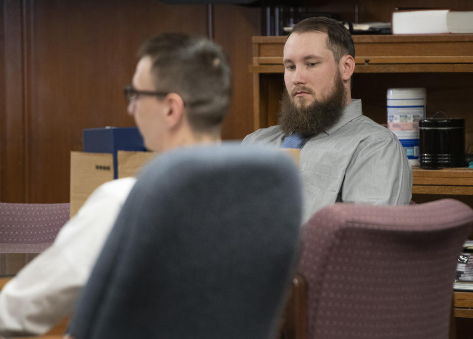 Joseph Morrison appears before Jackson County Circuit Court Judge Thomas Wilson on Wednesday, Oct. 5, 2022 for trial in Jackson, Mich. Paul Bellar, Joseph Morrison and Pete Musico are charged in connection with a 2020 anti-government plot to kidnap Michigan Gov. Gretchen Whitmer. (J. Scott Park/Jackson Citizen Patriot via AP, Pool)