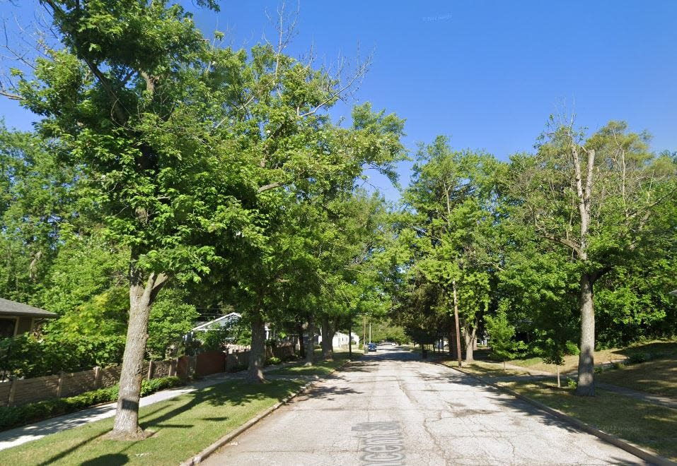 A Google Street View image taken before the tree-cutting shows part of the St. Vincent Street tree canopy looking west from Lawrence Street.