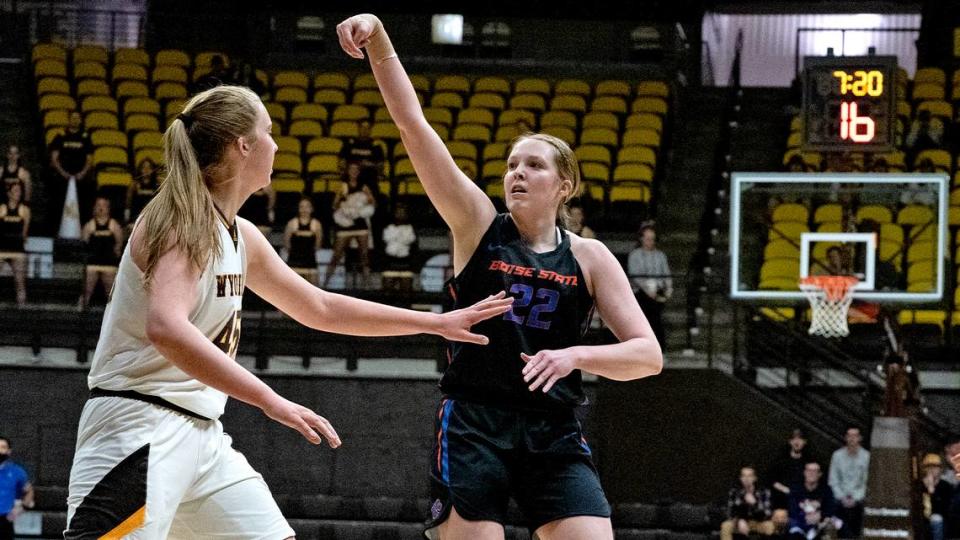 Freshman Trista Hull, right, had eight points and a career-high 11 rebounds in Boise State’s 61-47 loss to Wyoming on Wednesday at Arena-Auditorium in Laramie, Wyoming.