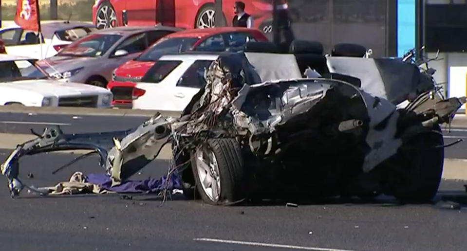 A car split in three and its driver killed after a horrific crash on the Nepean Highway, Cheltenham, south of Melbourne. Source: 7 News