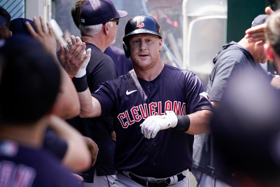 Cleveland Guardians' Kole Calhoun celebrates after hitting a home run during the second inning of a baseball game against the Los Angeles Angels, Sunday, Sept. 10, 2023, in Anaheim, Calif. (AP Photo/Ryan Sun)