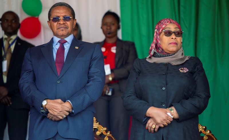 FILE PHOTO: Former Tanzania's President Jakaya Kikwete and Tanzania's Vice President Samia Suluhu Hassan attend the inauguration ceremony of Burundi's President elect Evariste Ndayishimiye at the Ingoma stadium in Gitega