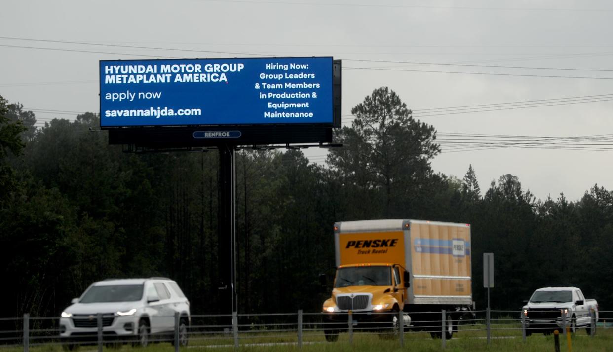 A digital billboard along I-16 near Old River Road advertises job openings for the Hyundai Motor Group Metaplant America, currently being built in Ellabell, Georgia. 