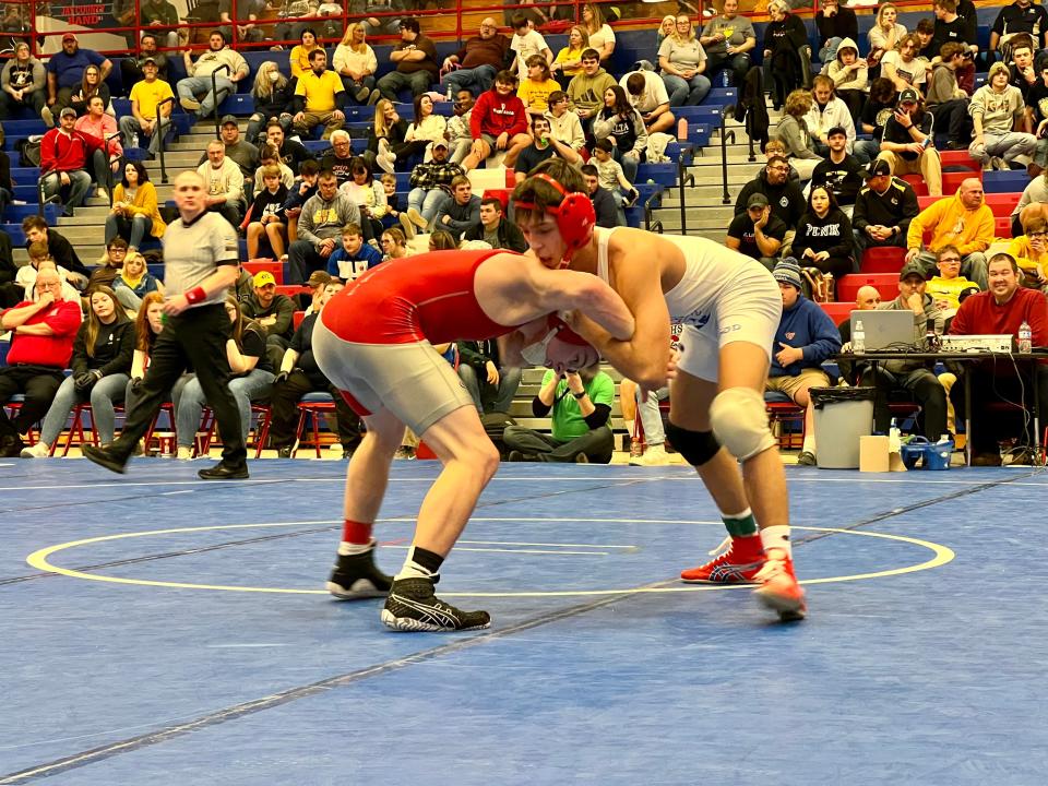 Jay County sophomore Tony Wood competes in the 126-pound regional final match at Jay County High School on Saturday, Feb. 5, 2022.