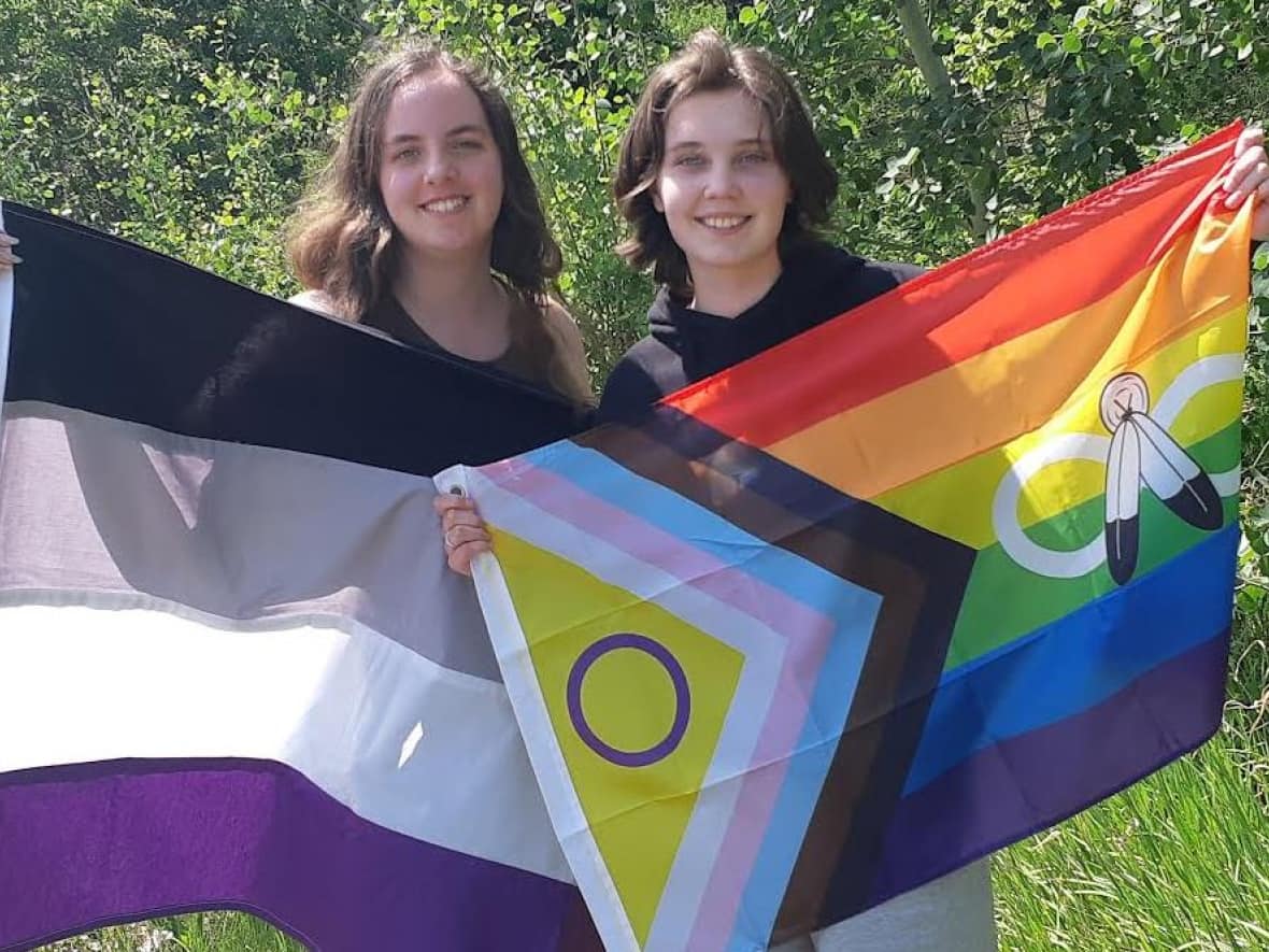 From left, Alberta teens Destiny Fenez and Jeorge McCallum hold an asexual pride flag and a progressive pride flag, respectively. The 17-year-old students say flying the pride flag in schools is a gesture of support for the LGBTQ+ community. (Submitted by Renee Leclerc - image credit)