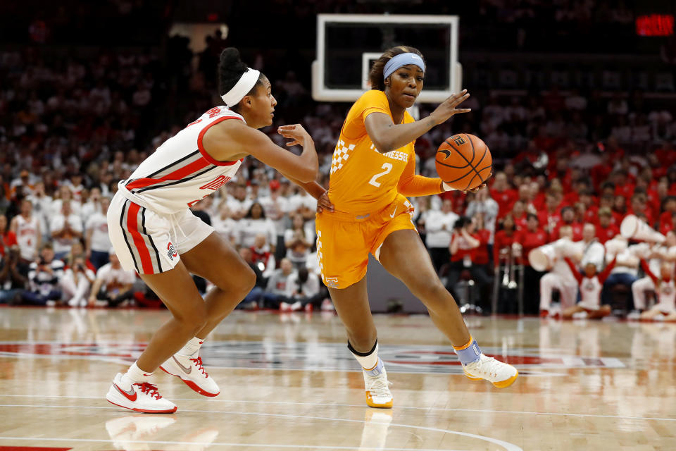 Tennessee forward Rickea Jackson (2) drives past Ohio State forward Taylor Thierry during the first half of an NCAA college basketball game, Tuesday, Nov. 8, 2022, in Columbus, Ohio. (AP Photo/Joe Maiorana)