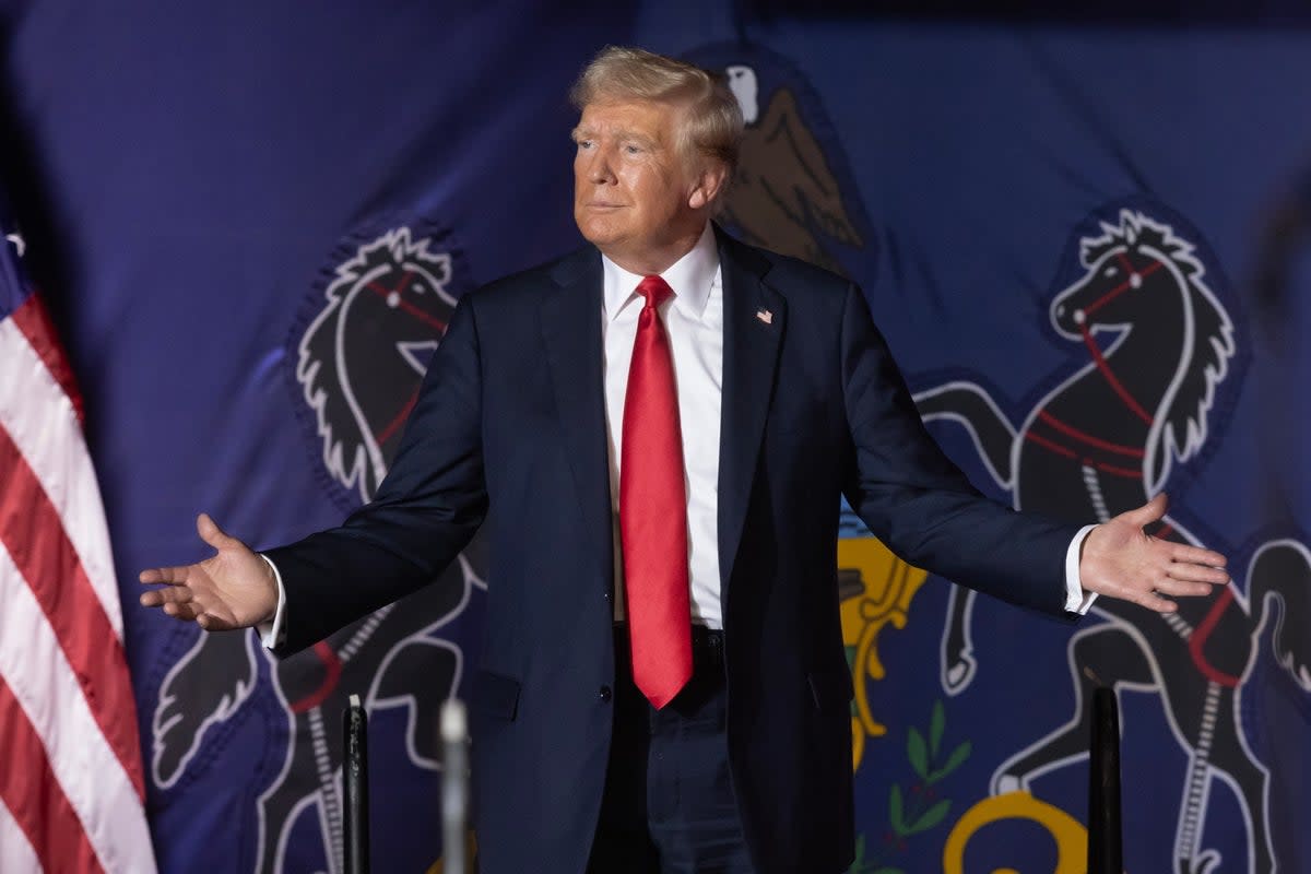 Donald Trump arrives to hold a rally at New Holland Arena in Harrisburg, Pennsylvania on 31 July. This is the first Trump rally in Pennsylvania since the assassination attempt on the former president  (EPA)