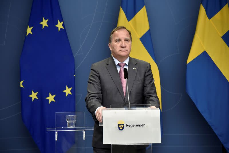 Swedish Prime Minister Stefan Lofven attends a digital news conference in Stockholm