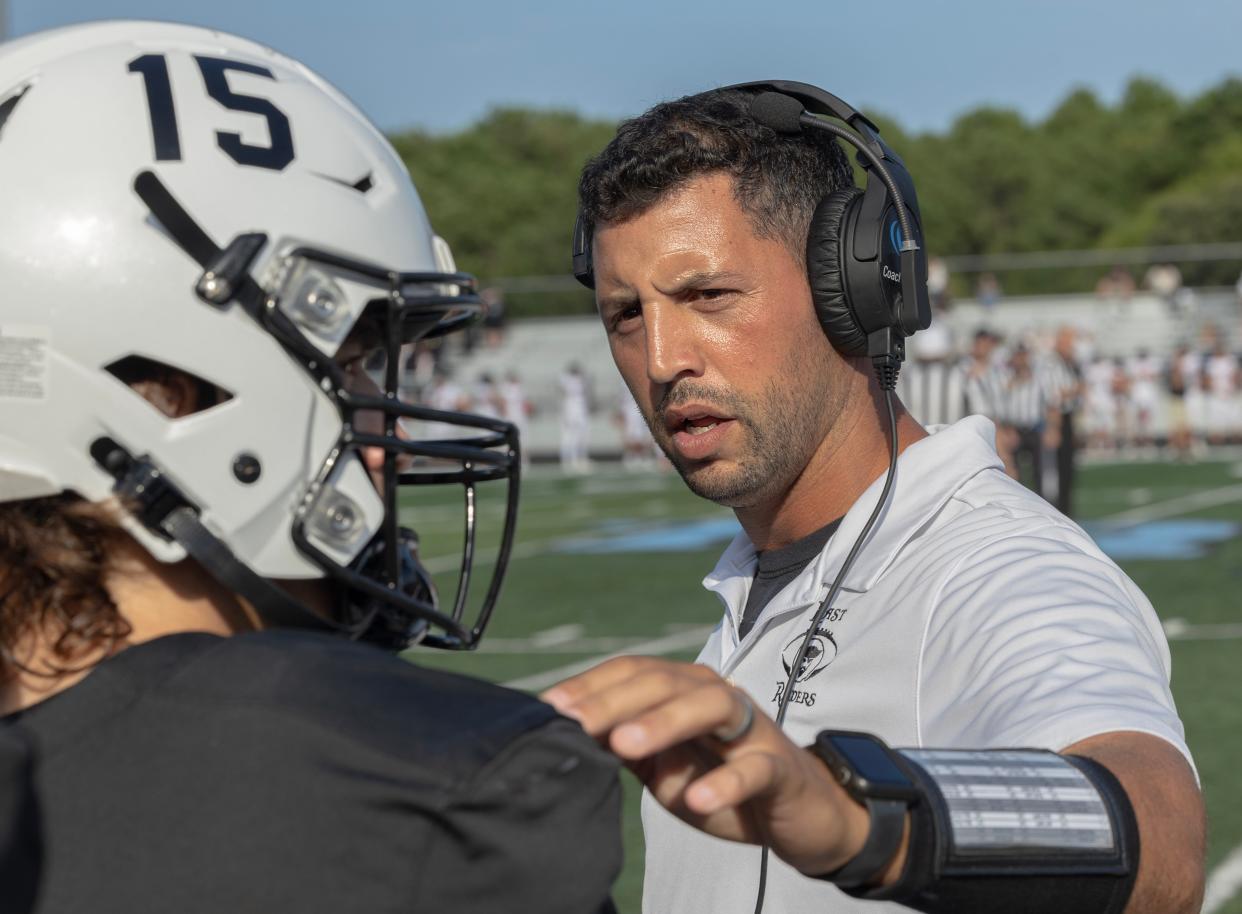 East’s Head Coach Kyle Sandberg. Toms River East football beats Barnegat in season opener in Toms River on August 29, 2024.