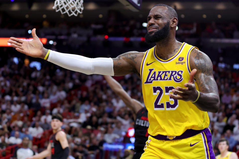 LeBron James was not pleased with the officiating Monday night. (Megan Briggs/Getty Images)