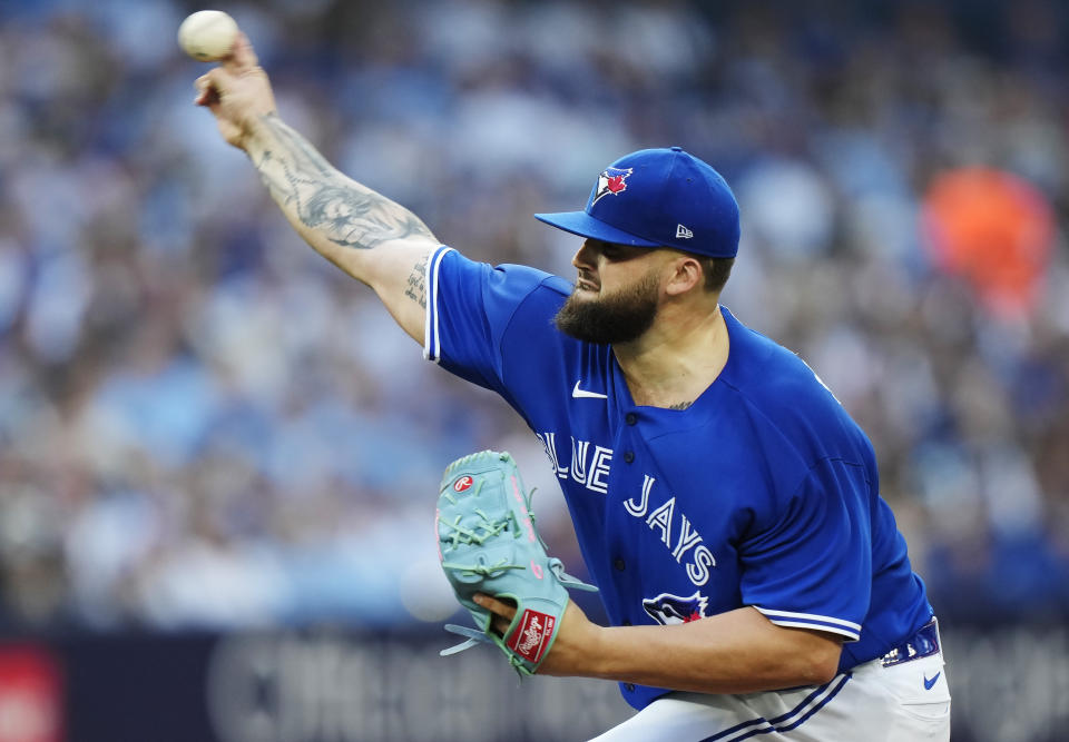 Toronto Blue Jays starting pitcher Alek Manoah works against the Milwaukee Brewers during the first inning of a baseball game Wednesday, May 31, 2023, in Toronto. (Frank Gunn/The Canadian Press via AP)