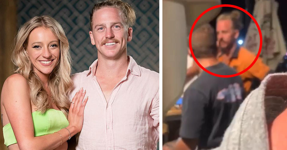 L: MAFS couple Lyndall and Cam at the dinner party. R: Cam out in a pub after work