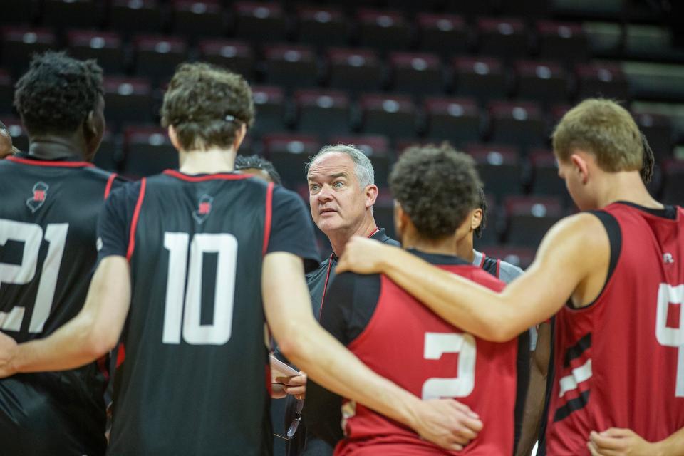 Head coach Steve Pikiell leads practice during Rutgers men's basketball media day at Jersey Mike's Arena in Piscataway, NJ Tuesday, October 3, 2023.