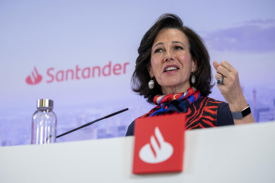 MADRID, SPAIN - JANUARY 29: Banco Santander Chairman, Ana Patricia Botin, speaks during a news conference to announce the 2019 results at the bank's headquarters on January 29, 2020 in Boadilla del Monte, near Madrid, Spain. Banco Santander's net profit was 6.5 billion euros in 2019, an 17% decrease on the previous year. (Photo by Pablo Blazquez Dominguez/Getty Images)