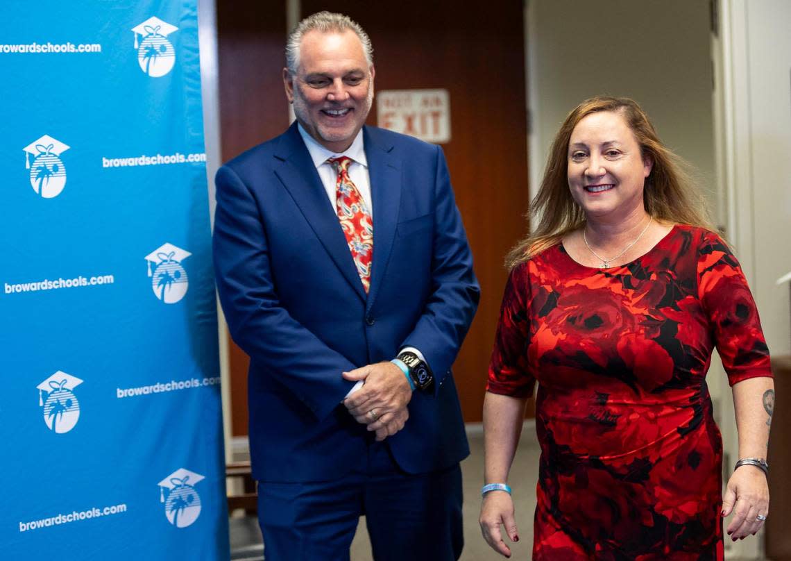 Broward County School Board chair Lori Alhadeff and superintendent Peter Licata arrive to a press conference at the Kathleen C. Wright Building on Tuesday, Nov. 14, 2023, in Fort Lauderdale, Fla.