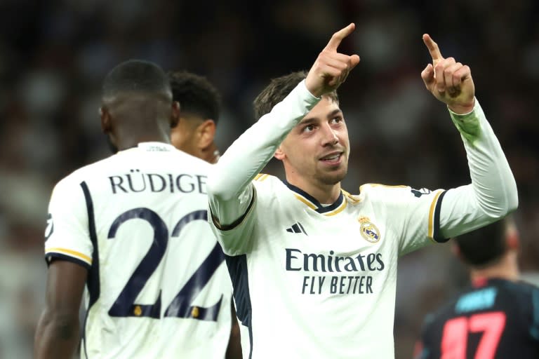 Le joueur du Real Madrid Federico Valverde lors du quart de finale aller de Ligue des Champions contre Manchester City, le 9 avril 2024 au stade Bernabeu à Madrid (Pierre-Philippe MARCOU)