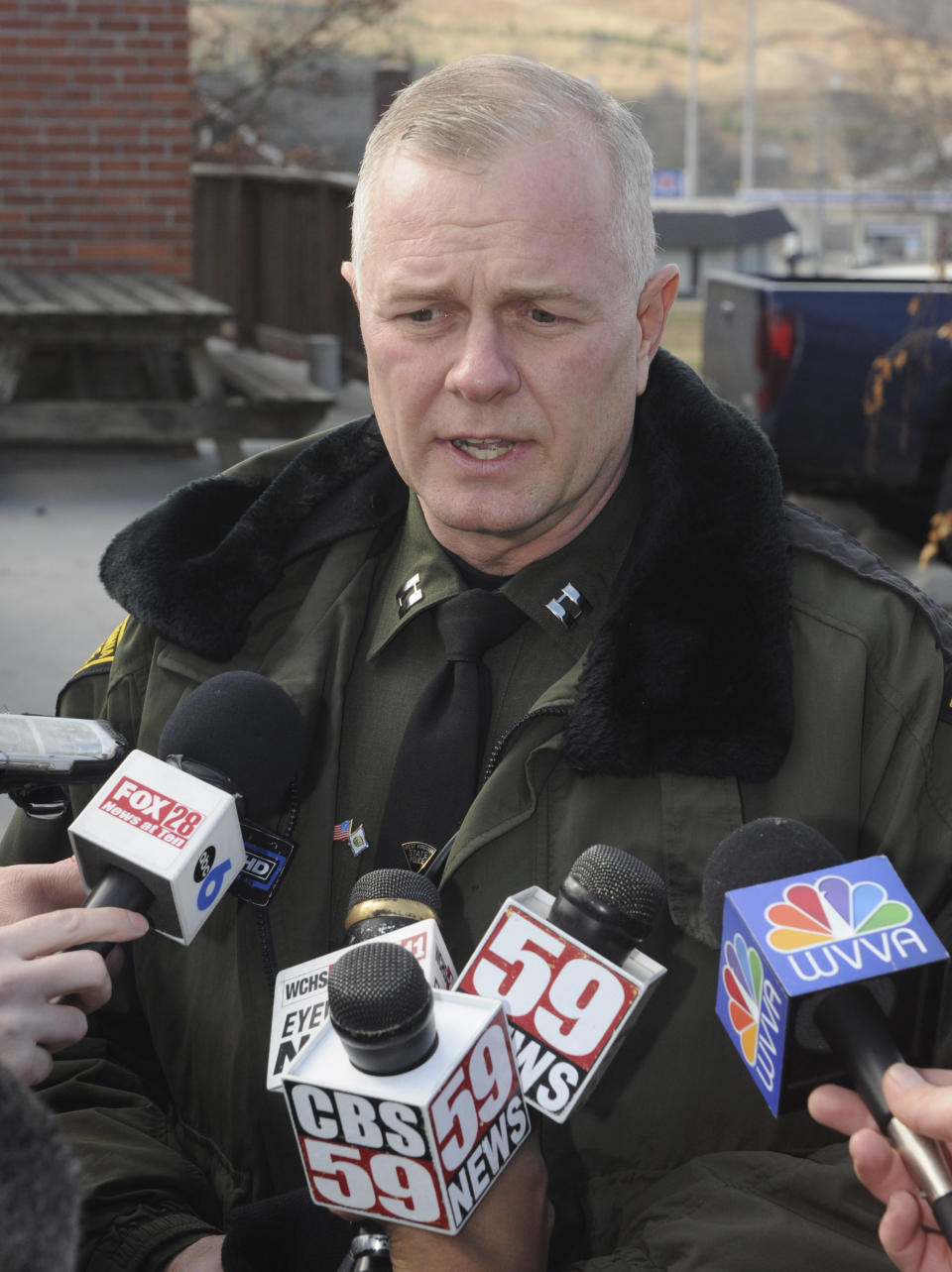 FILE- Capt. J.L. Cahill of the West Virginia State Police fields questions from reporters Wednesday Feb. 23, 2011. Cahill submitted his resignation as West Virginia State Police superintendent on Monday, March 20, 2023. Cahill has served under Gov. Jim Justice since the governor took office in 2017. (Eric DiNovo/The Daily Telegraph via AP)