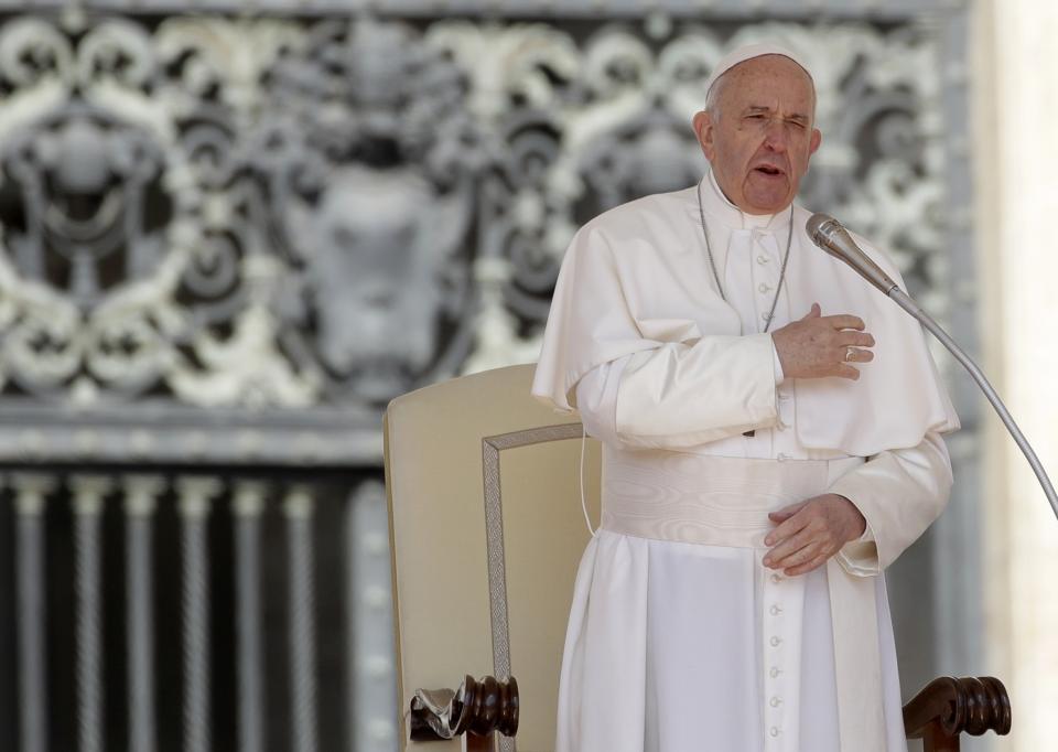 Pope Francis does the sign of the cross during his weekly general audience, in St. Peter's Square, at the Vatican, Wednesday, May 8, 2019. (AP Photo/Alessandra Tarantino)