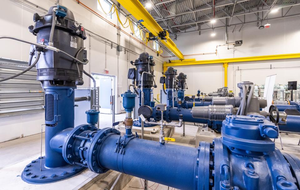 Electric pumps are seen inside Waukesha's new Booster Pumping Station located at 2010 East Broadway, Waukesha, Wis. on Thursday, Sept. 7, 2023, as local dignitaries arrive to celebrate the completion of the Lake Michigan Water Project.