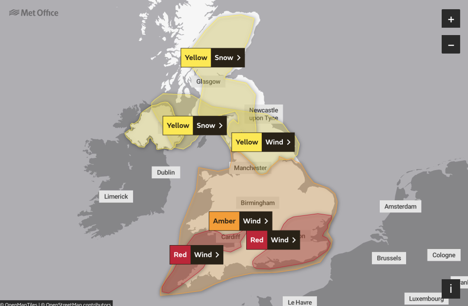 Red weather warnings were extended across the south east earlier this morning (Met Office)