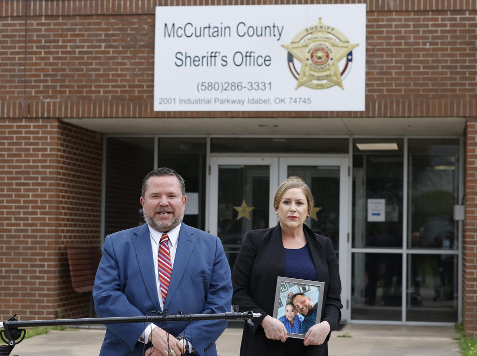 Mitchell Garrett, attorney for Barbara Barrick, speaks to the media regarding a wrongful death civil rights lawsuit Barbara filed against the McCurtain County Board of County Commissioners, McCurtain County Sheriff Kevin Clardy as well as several sheriff's deputies and other parties in regards to her husbands death on Thursday, April 20, 2023, in Idabel, Okla. (AP Photo/Alonzo Adams)