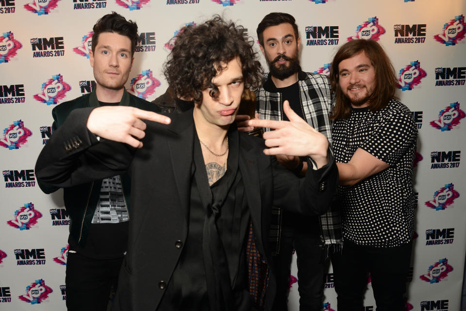 Dan Smith, Matty Healy, Kyle Simmons and Chris Wood pose in the winners room at the VO5 NME Awards 2017 at The O2 Academy Brixton on February 15, 2017 in London, United Kingdom.  (Photo by Dave J Hogan/Getty Images)