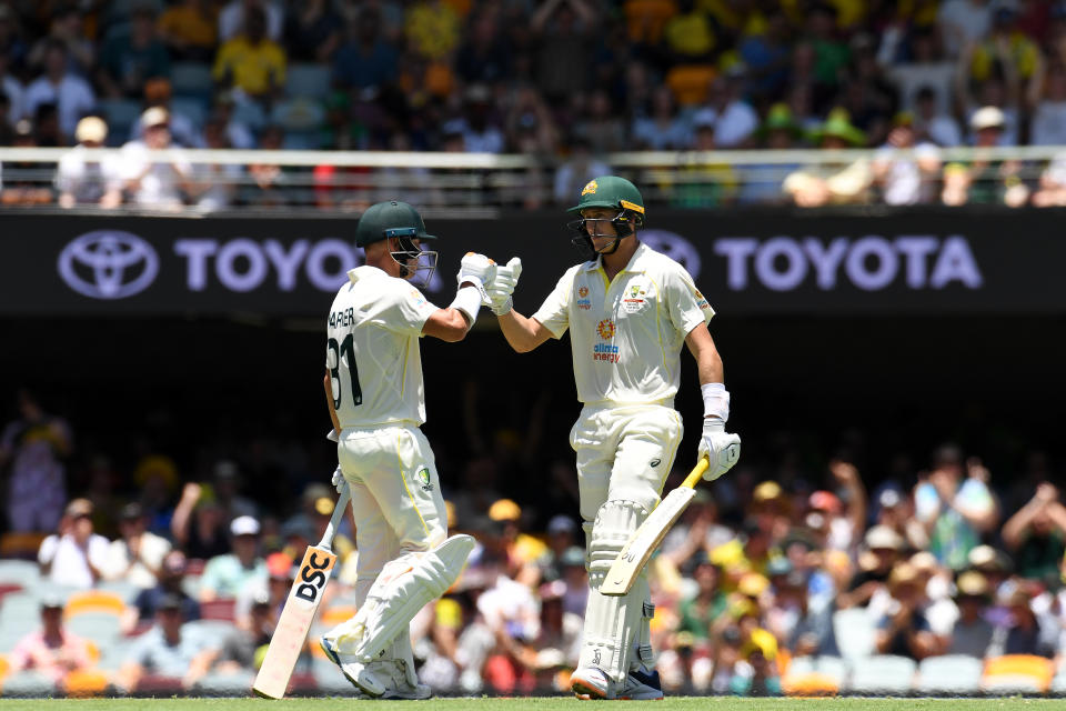 Pictured here, David Warner and Marnus Labuschagne on day two of the opening Ashes Test. 