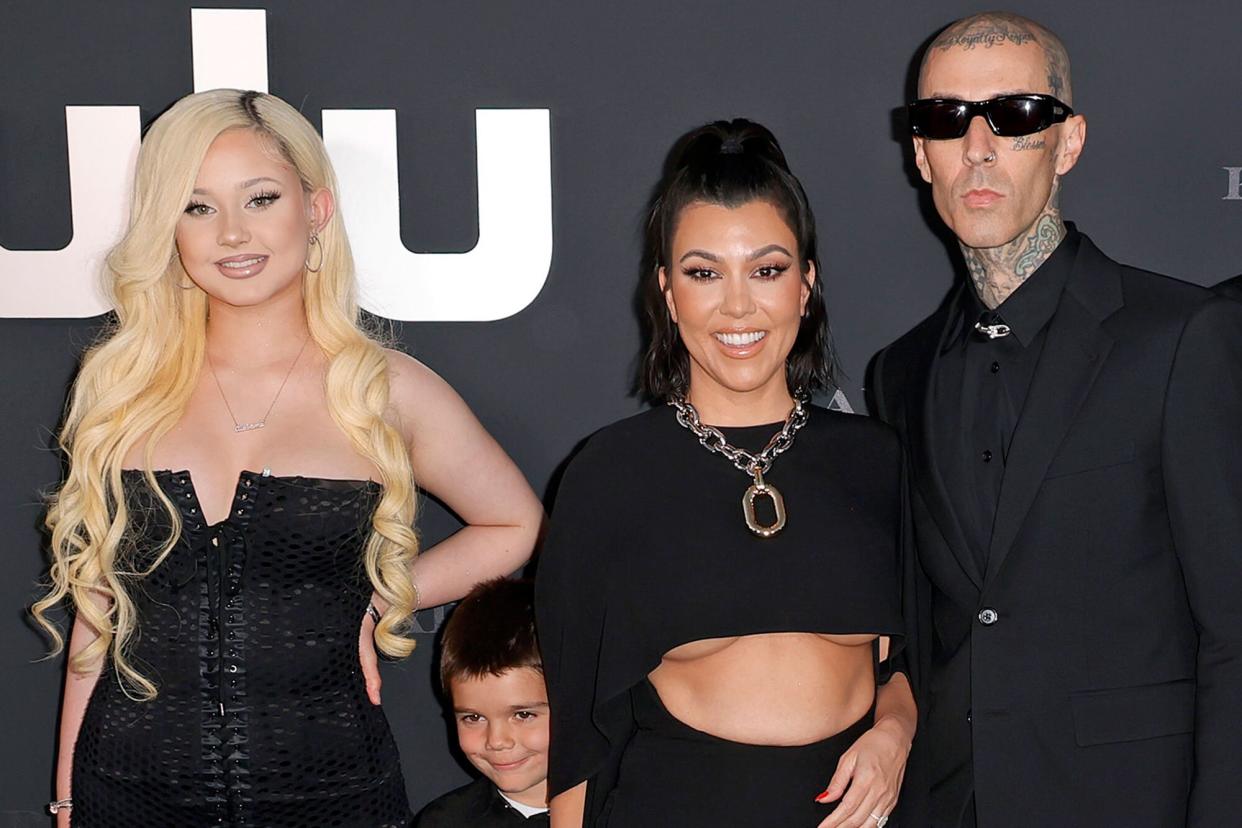 Alabama Barker, Reign Disick, Kourtney Kardashian, Travis Barker attend the Los Angeles premiere of Hulu's new show "The Kardashians" at Goya Studios on April 07, 2022 in Los Angeles, California.