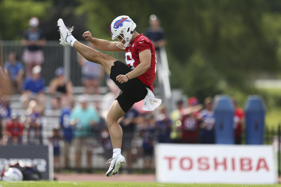 PITTSFORD, NEW YORK - JULY 24: Matt Araiza #19 of the Buffalo Bills punts during Bills training camp at Saint John Fisher University on July 24, 2022 in Pittsford, New York. (Photo by Joshua Bessex/Getty Images)