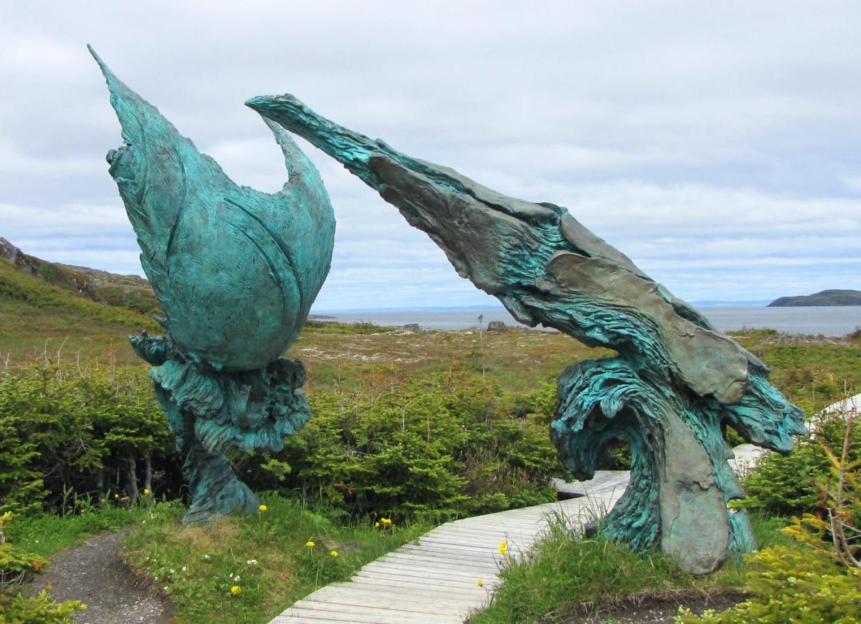 <span class="caption">'The Meeting of Two Worlds,' a sculpture at L'Anse aux Meadows, commemorates the meeting of Vikings and Native Americans around the year 1000.</span> <span class="attribution"><a class="link " href="https://commons.wikimedia.org/wiki/File:L%27Anse_aux_Meadows,_The_Meeting_of_Two_Worlds.jpg" rel="nofollow noopener" target="_blank" data-ylk="slk:D. Gordon E. Robertson/Wikimedia Commons;elm:context_link;itc:0;sec:content-canvas">D. Gordon E. Robertson/Wikimedia Commons</a>, <a class="link " href="http://creativecommons.org/licenses/by-sa/4.0/" rel="nofollow noopener" target="_blank" data-ylk="slk:CC BY-SA;elm:context_link;itc:0;sec:content-canvas">CC BY-SA</a></span>