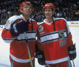 <p>BEST: The NHL tried something new for the 2000 NHL All-Star Game, and kudos for that. In this photo, brothers Pavel Bure and Valeri Bure of the World Team pose during the player introductions before the game at Air Canada Centre in Toronto. (Getty Images) </p>